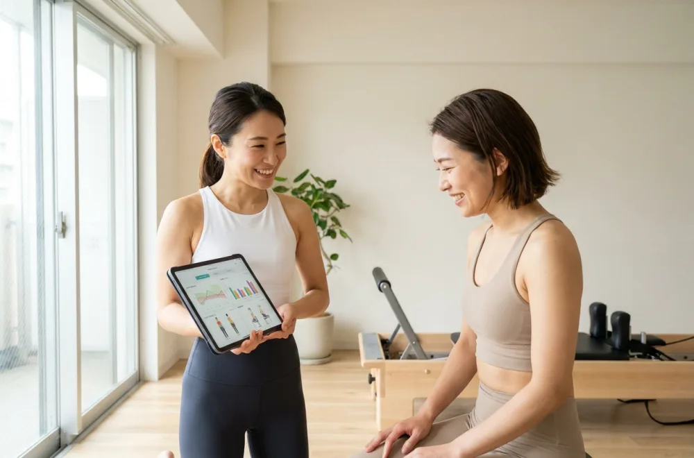体組成計とAI姿勢測定で身体の変化を確認する様子